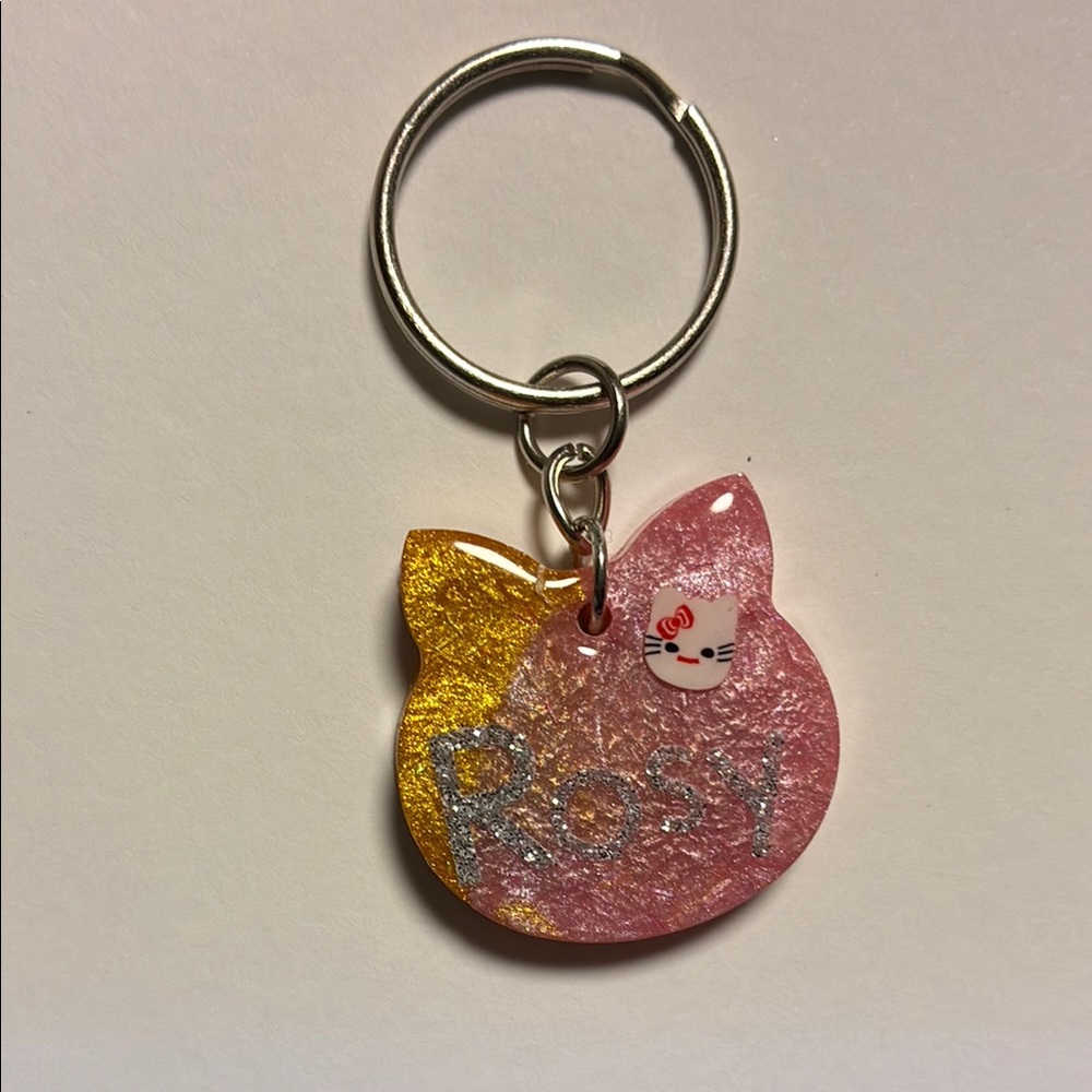 Pink and Gold Cat Keyring 🆔 Tag in Resin